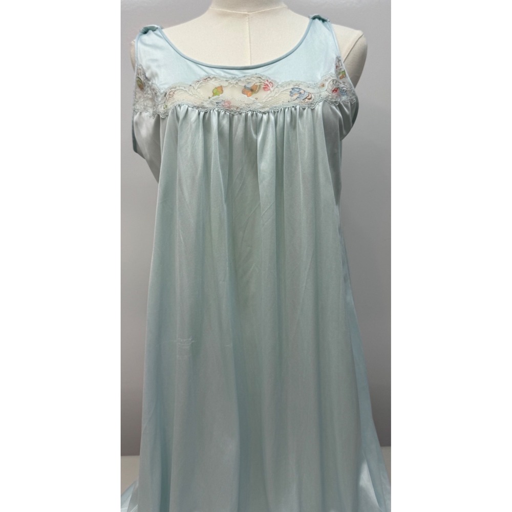 Vintage‎ Kayser Ice Blue Lurelon Nylon Nightgown Lace Floral Bodice USA L Read